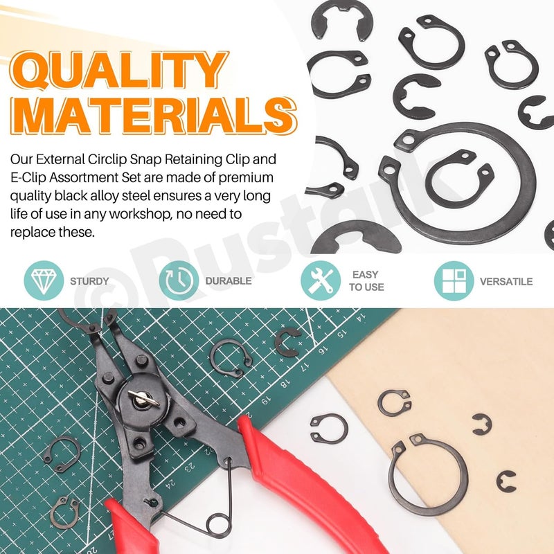 Rustark 312Pcs 4 in 1 Snap Ring Pliers with M1.5-M10 Black E-Clip Circlip Retaining Rings Assortment Kit and M4-M28 C-Clip External Snap Rings Assortment Kit with Tweezers - Image 5